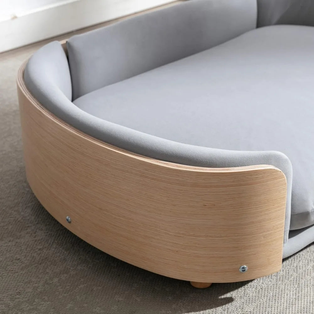 Elevated Pet Bed Sofa With Curved Wood Frame And Cushion