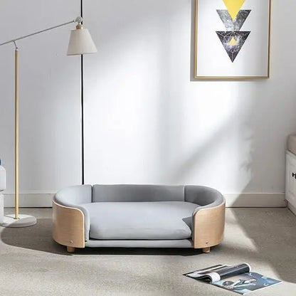 Elevated Pet Bed Sofa With Curved Wood Frame And Cushion