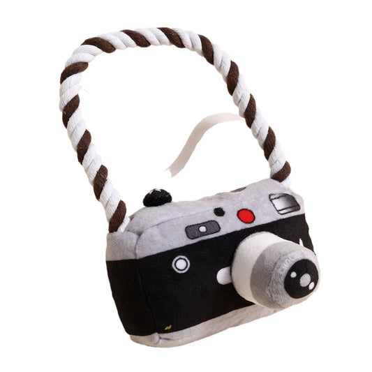 Camera Shaped Plush Dog Toy with Rope Strap