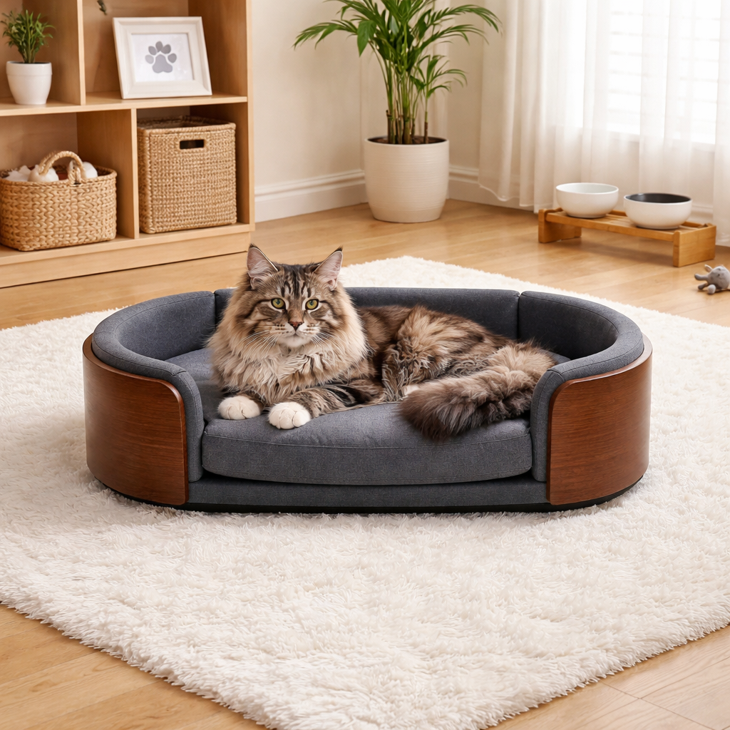 Elevated Solid Wood Pet Sofa Bed With Wraparound Rim And Cushion