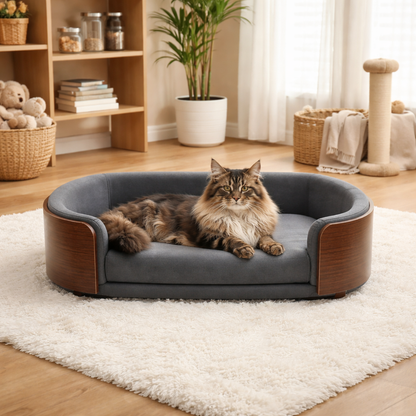 Elevated Solid Wood Pet Sofa Bed With Wraparound Rim And Cushion